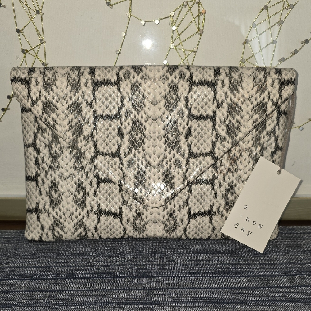 a new day Snake Print Envelope Clutch in Black and White NWT